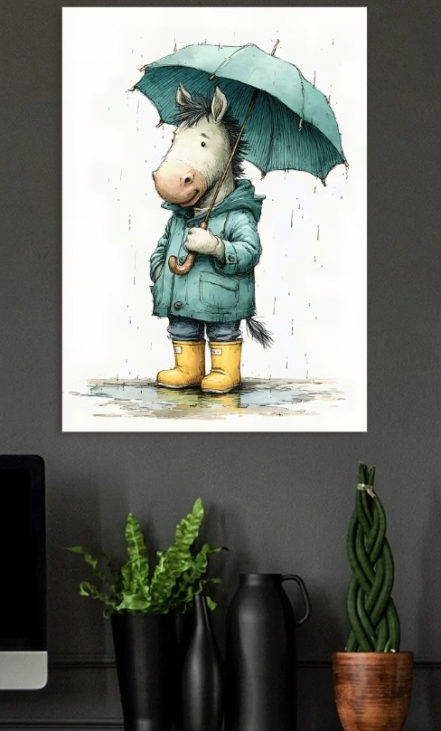 Donkey with Umbrella in the Rain — metal poster wall art by Lineer
